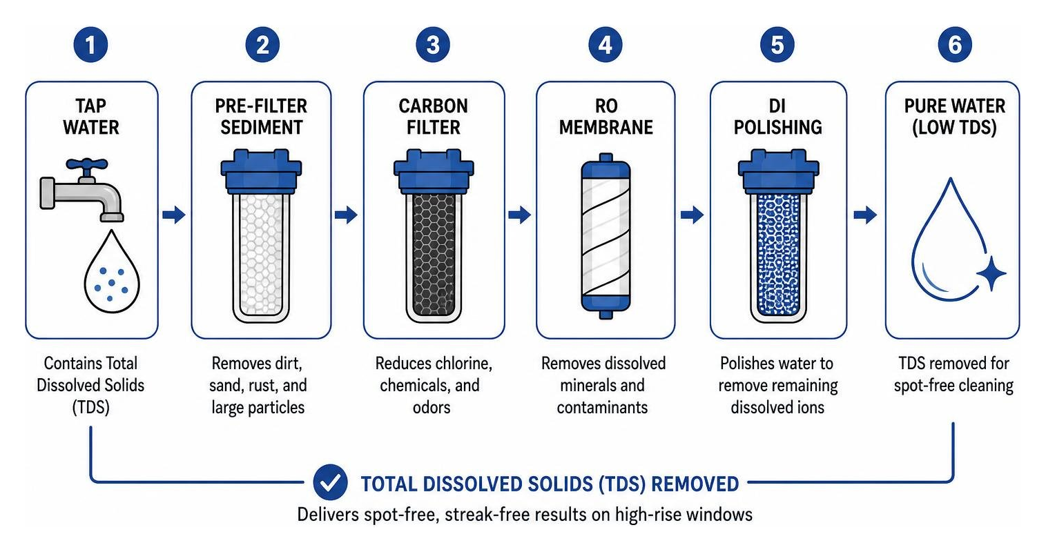 Diagram showing pure water filtration process removing total dissolved solids for spot-free high-rise window cleaning Diagram showing pure water filtration process removing total dissolved solids for spot-free high-rise window cleaning