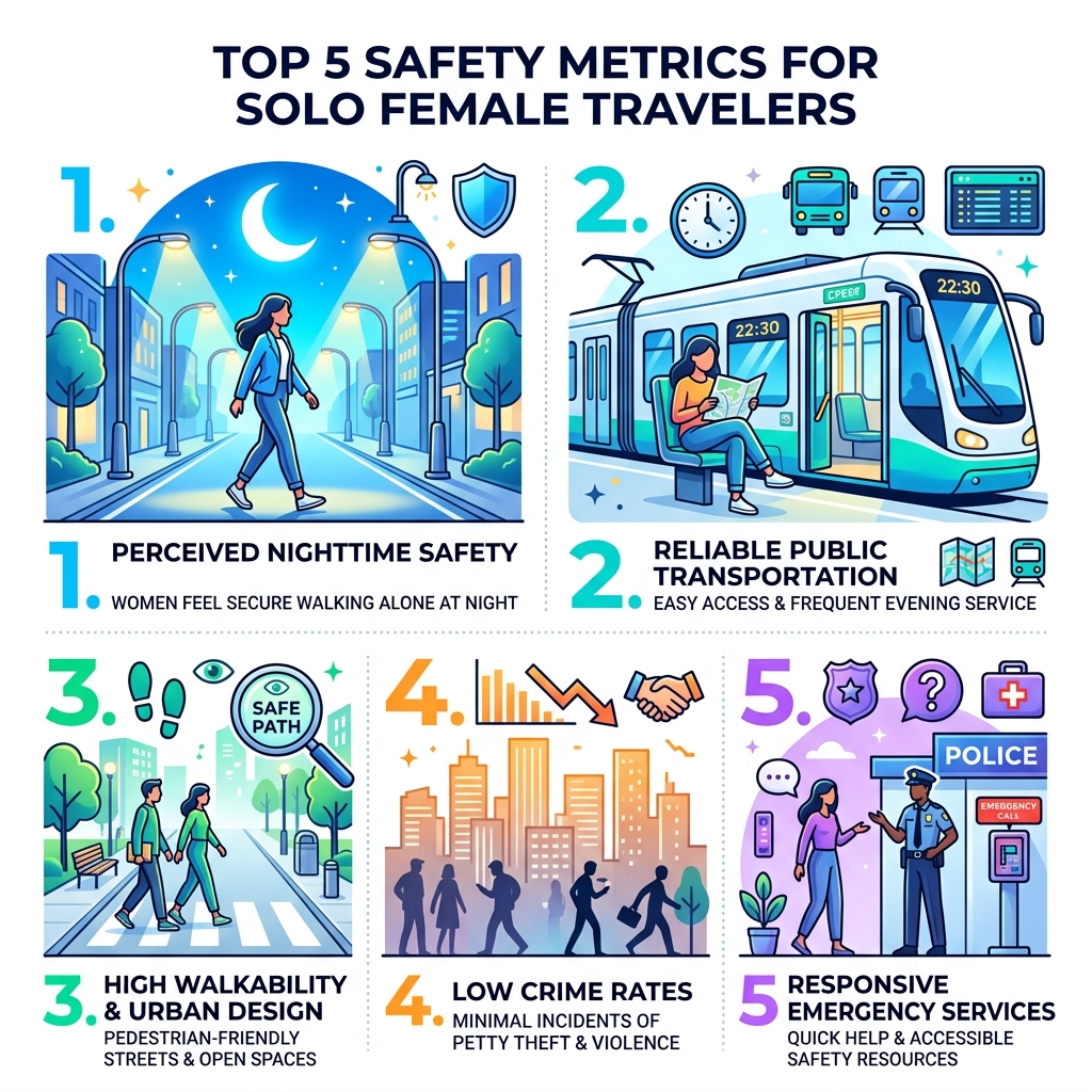 Top 5 safety metrics for solo female travelers infographic - safe cities for solo female travelers infographic Top 5 safety metrics for solo female travelers infographic - safe cities for solo female travelers infographic