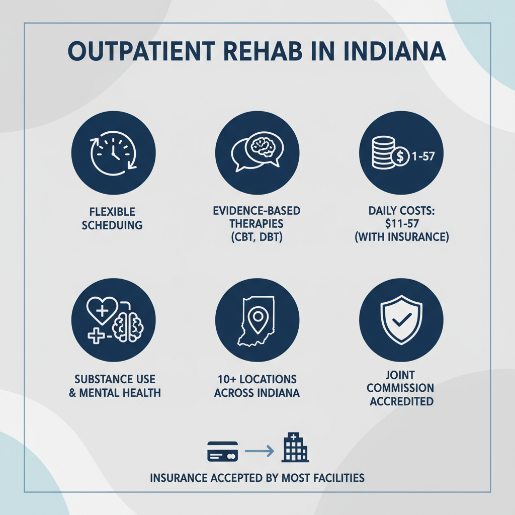 Infographic showing the key components of outpatient rehab in Indiana: Flexible scheduling that fits your life, evidence-based therapies including CBT and DBT, average daily costs from $11-57 depending on insurance, treatment for substance use and mental health conditions, 10+ locations across Indiana, Joint Commission accredited programs, and insurance accepted by most facilities - outpatient rehab Indiana infographic 