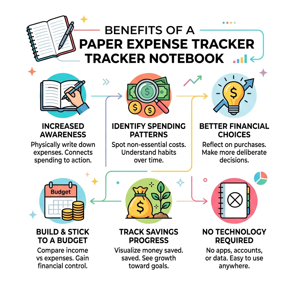 infographic showing benefits of using a paper expense tracker notebook for daily budgeting - expense tracker notebook infographic showing benefits of using a paper expense tracker notebook for daily budgeting - expense tracker notebook