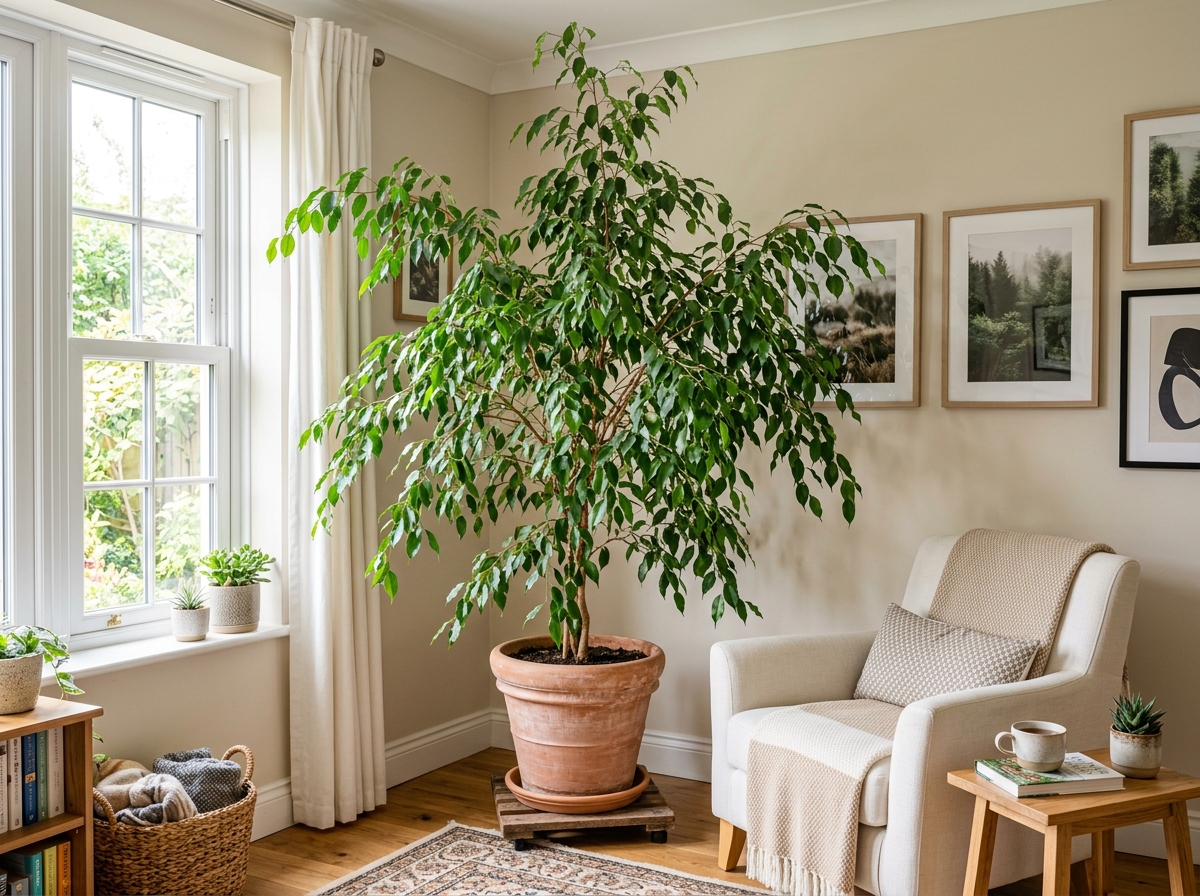 A large Weeping Fig (Ficus benjamina) in a sunlit living room corner - indoor plants bad for allergies A large Weeping Fig (Ficus benjamina) in a sunlit living room corner - indoor plants bad for allergies