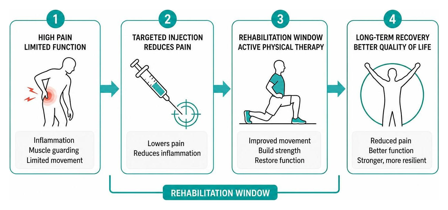 Rehabilitation window diagram showing how an injection lowers pain to allow active physical therapy, leading to long-term