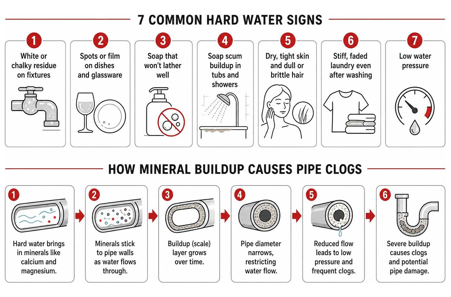 Infographic showing 7 common hard water signs and how mineral buildup causes pipe clogs in the home