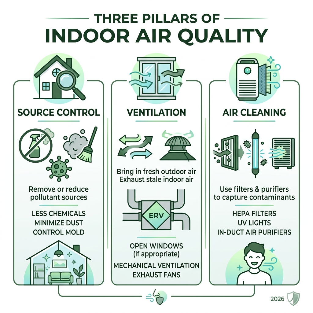 Three pillars of indoor air quality: Source Control, Ventilation, and Air Cleaning infographic - indoor air quality