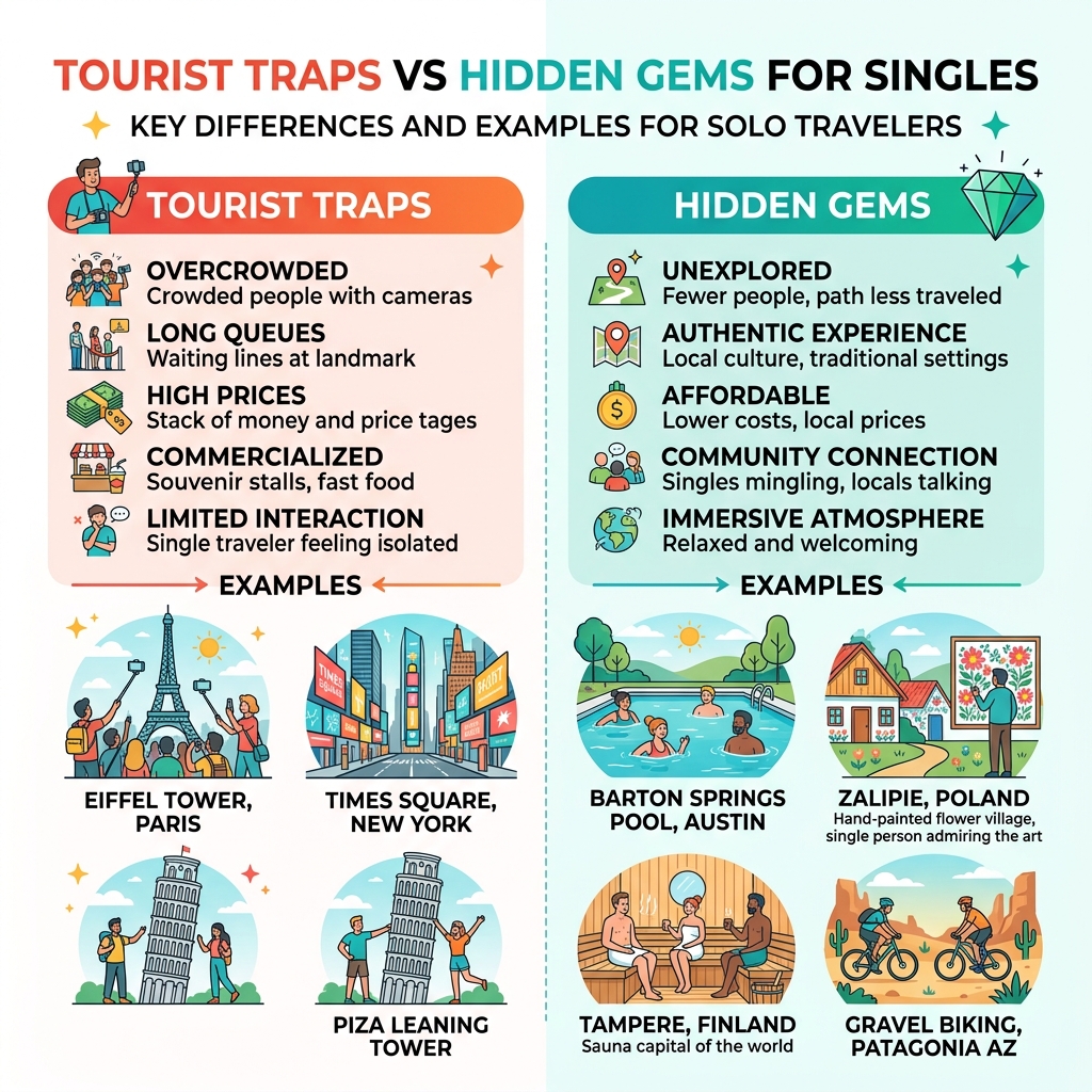 infographic showing tourist traps vs hidden gems for singles key differences and examples - hidden gems for singles