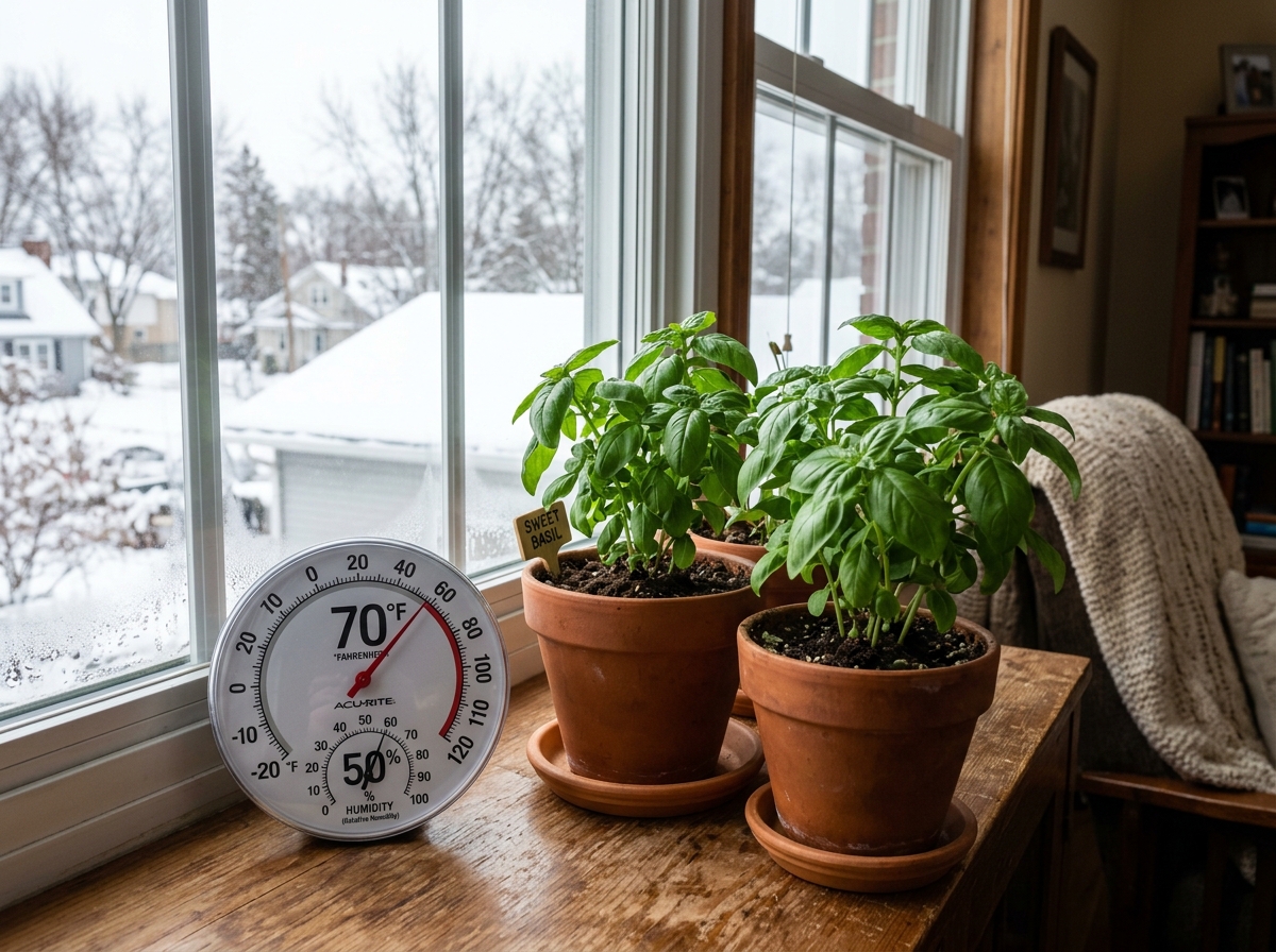 thermometer and hygrometer showing 70 degrees and 50 percent humidity near indoor plants - growing basil indoors in winter