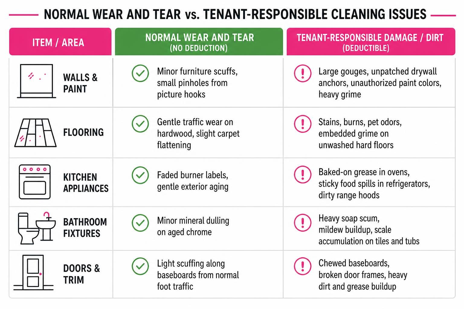 Comparison framework of normal wear and tear versus tenant-responsible cleaning issues Comparison framework of normal wear and tear versus tenant-responsible cleaning issues