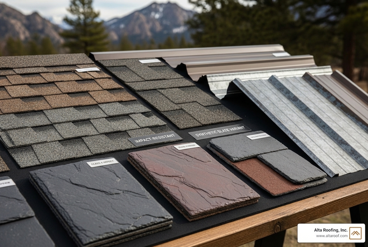 Various roofing material samples displayed, including impact-resistant asphalt shingles, metal roofing panels, and synthetic slate tiles, highlighting options for Colorado's climate. - roofers in colorado springs co Various roofing material samples displayed, including impact-resistant asphalt shingles, metal roofing panels, and synthetic slate tiles, highlighting options for Colorado's climate. - roofers in colorado springs co