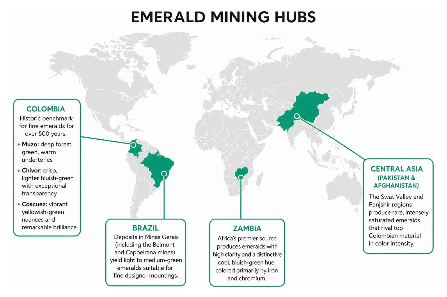 Map comparison showing emerald mining hubs: Colombia, Zambia, Brazil, and Central Asia Map comparison showing emerald mining hubs: Colombia, Zambia, Brazil, and Central Asia