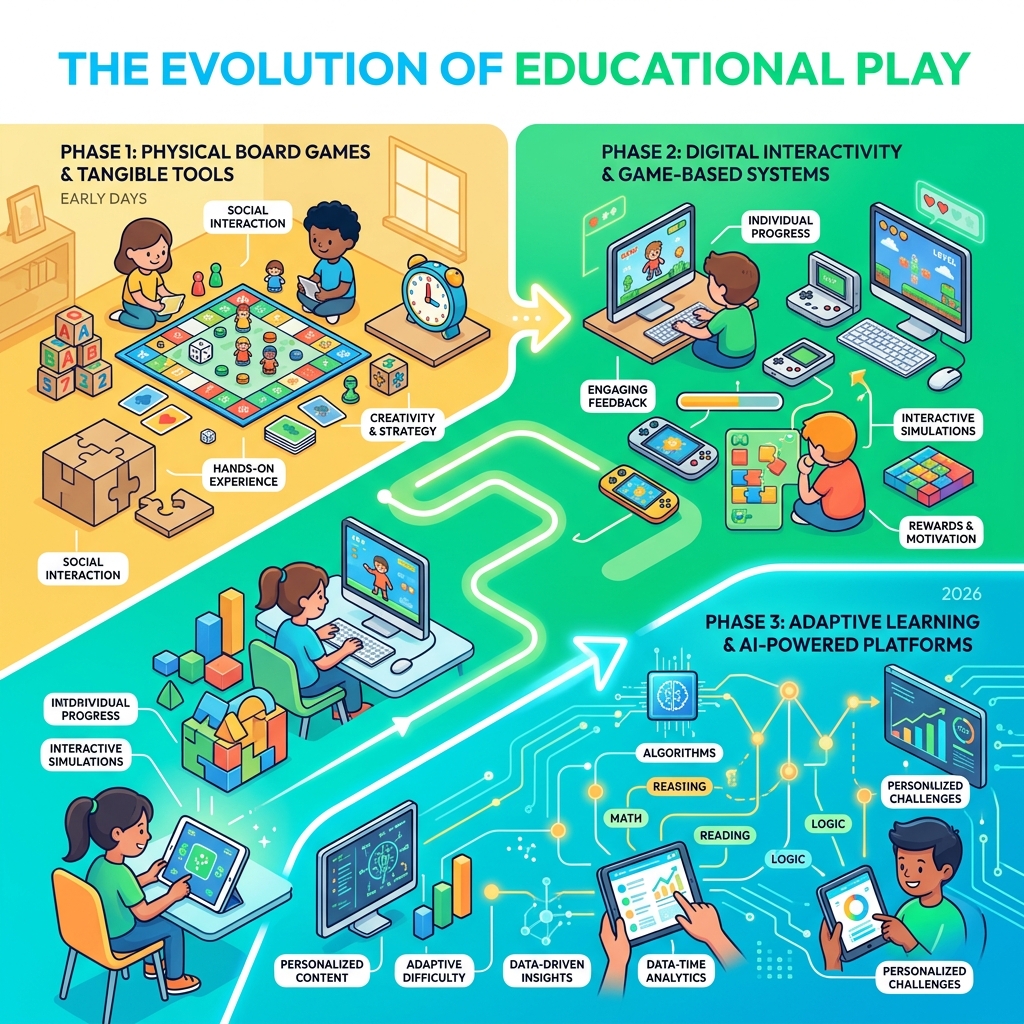 Infographic showing evolution of educational play from physical board games to adaptive digital learning platforms