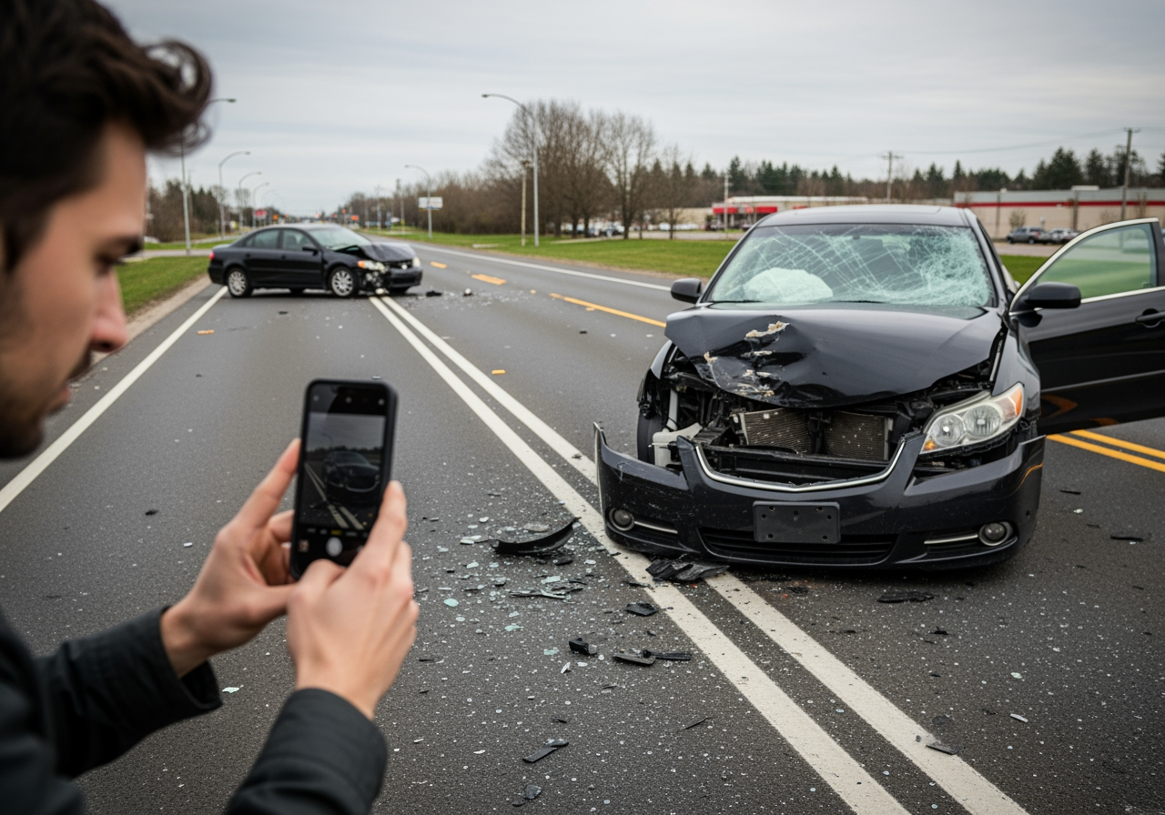 person taking a photo of a car accident with their phone - personal injury claim