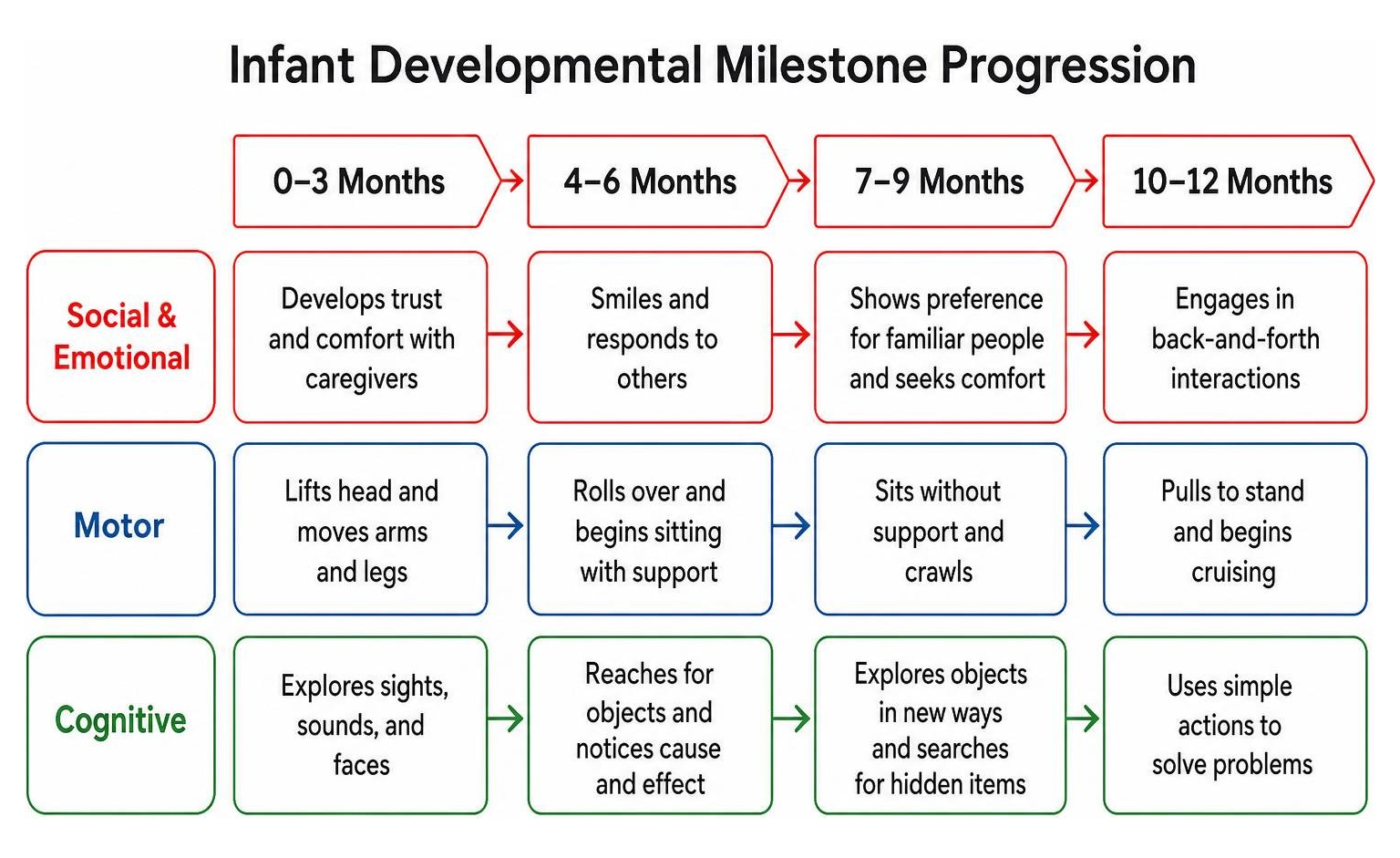 Infant developmental milestone progression in social, motor, and cognitive domains Infant developmental milestone progression in social, motor, and cognitive domains
