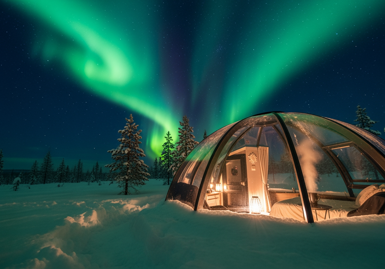 a glass igloo under the northern lights - unique travel accommodations