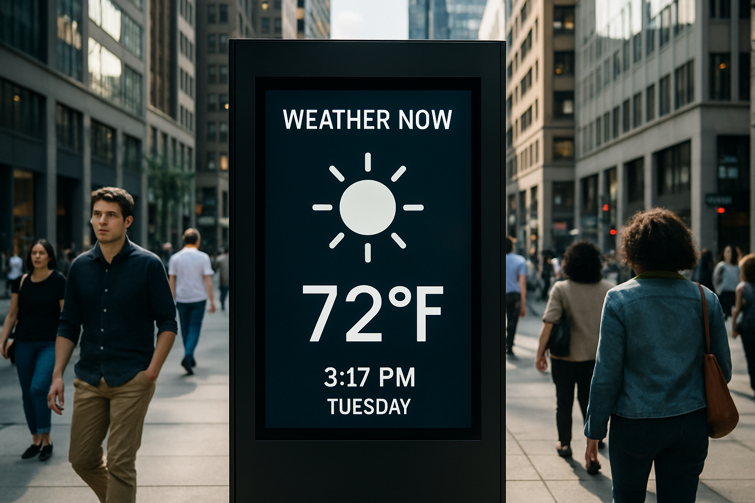 Digital out-of-home advertising display showing real-time contextual content based on weather and time of day - What is programmatic advertising?