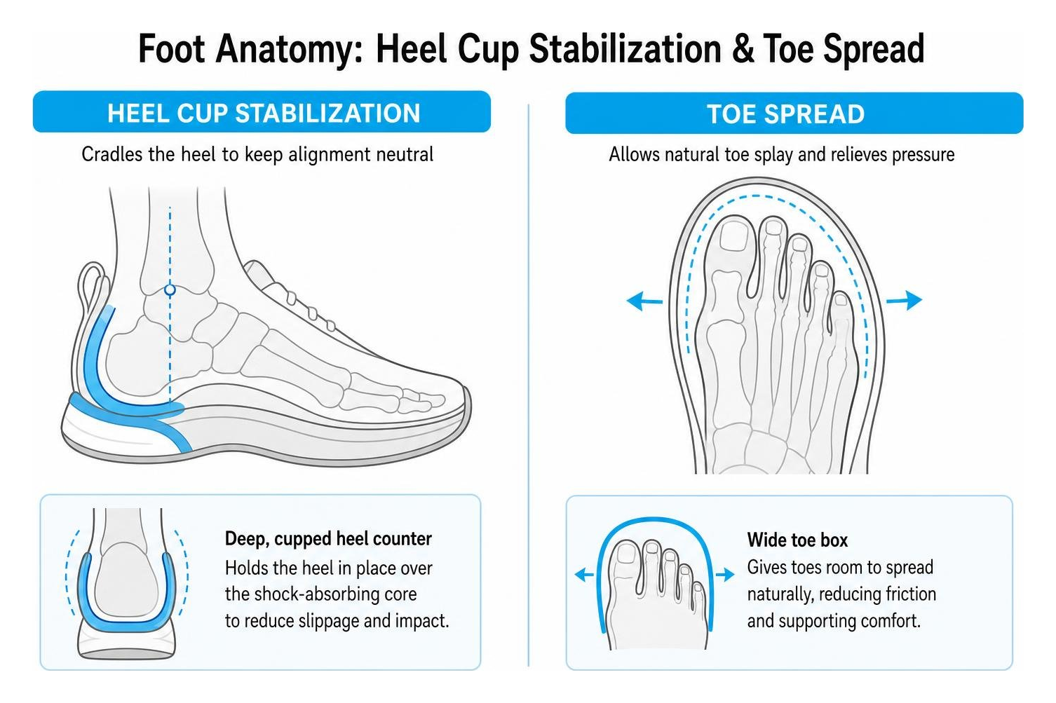 Foot anatomy showing heel cup stabilization and toe spread Foot anatomy showing heel cup stabilization and toe spread