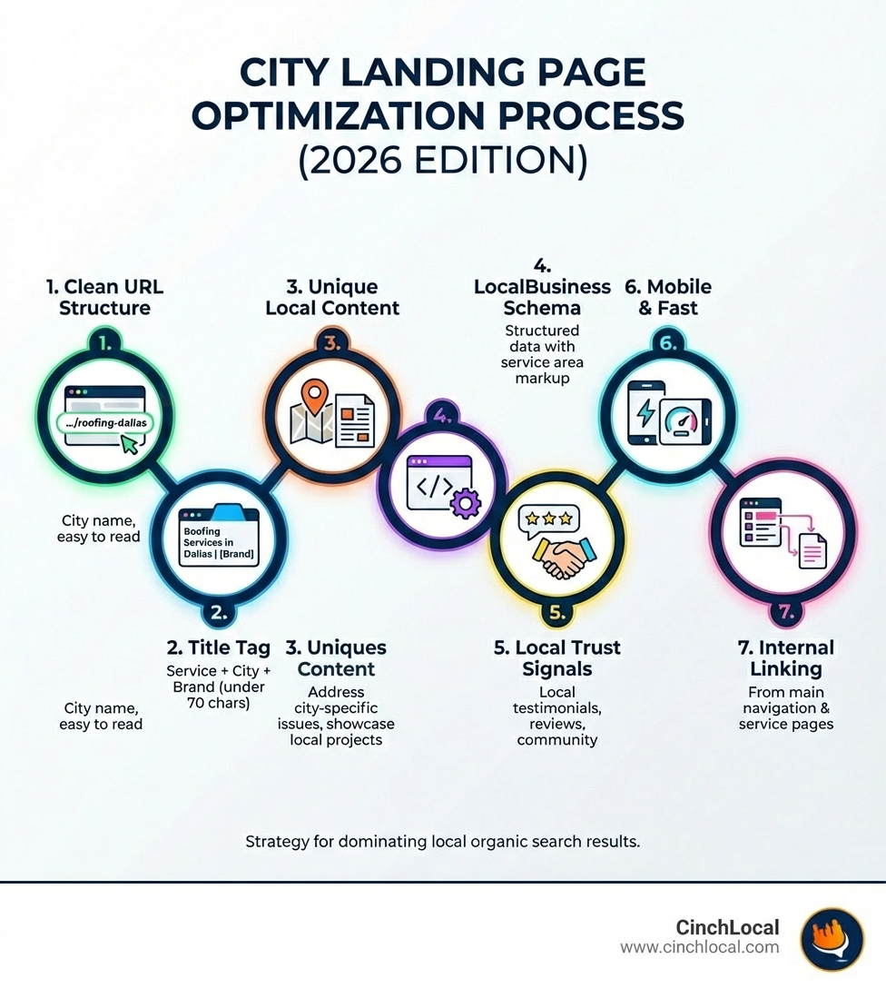 Infographic showing the step-by-step process for optimizing city landing pages: 1. Clean URL structure with city name, 2. Title tag with service + city + brand, 3. Unique local content addressing city-specific issues, 4. LocalBusiness schema markup, 5. Local testimonials and trust signals, 6. Mobile optimization and fast loading, 7. Internal linking from main navigation - city landing pages seo infographic 