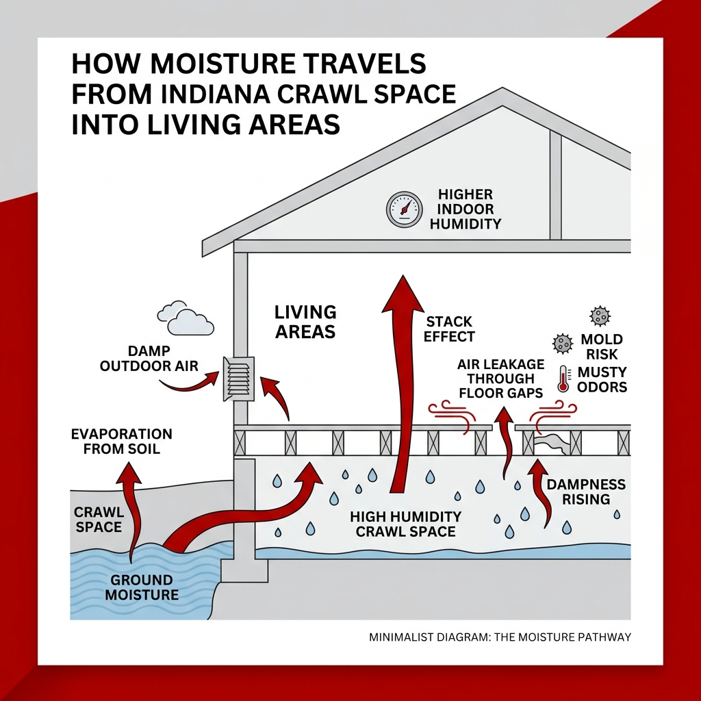 Infographic: How moisture travels from Indiana crawl space into living areas of the home - moisture control insulation