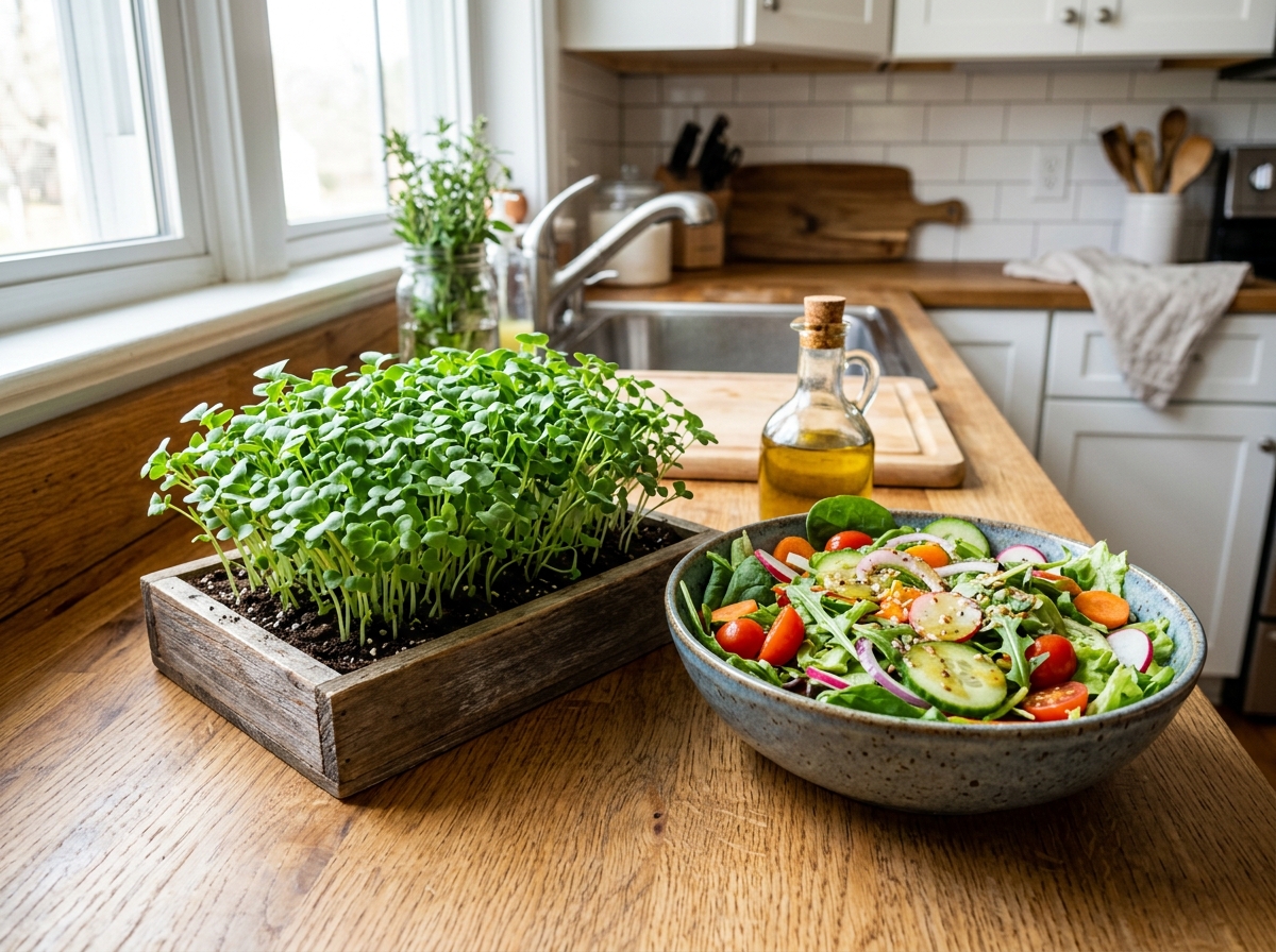 Vibrant broccoli microgreens on a kitchen counter next to a bowl of fresh salad - broccoli microgreen recipes
