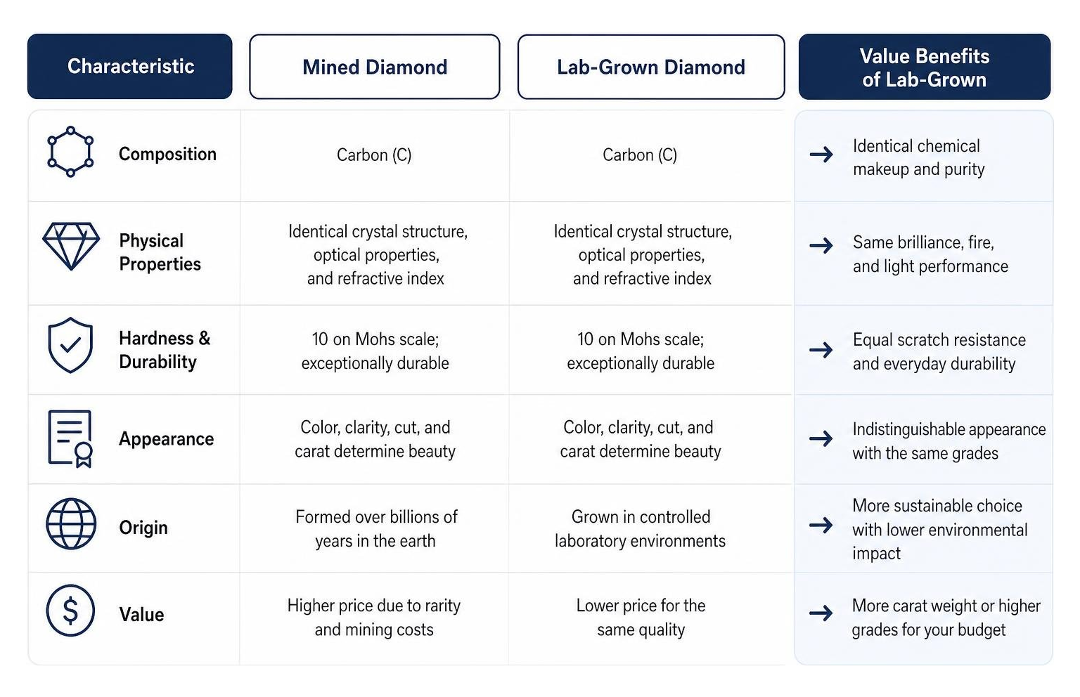 Comparison of mined vs lab-grown diamond characteristics and value benefits