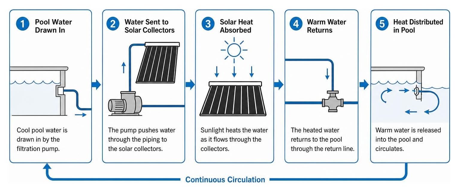 Solar pool thermal circulation process