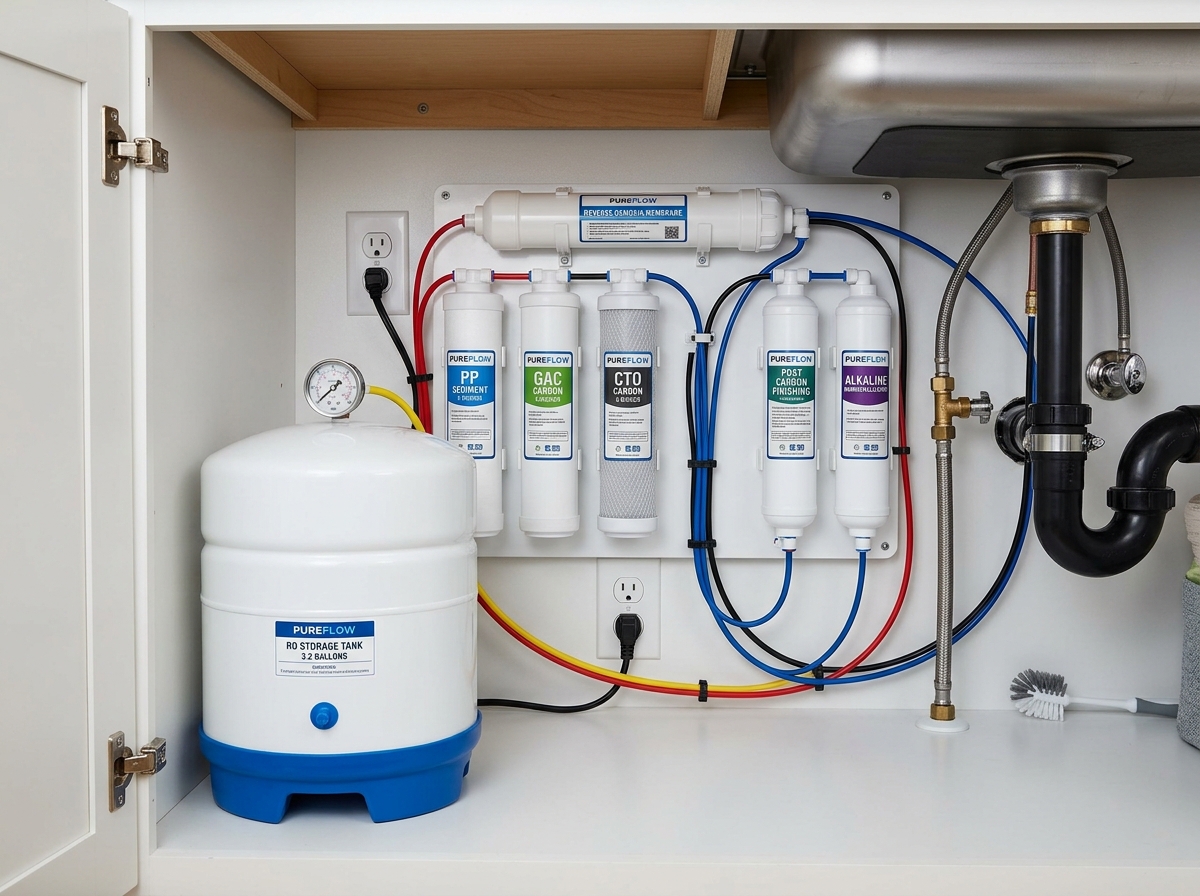 Under-sink reverse osmosis system installation showing the tank and multiple filter stages - best water filter for the money