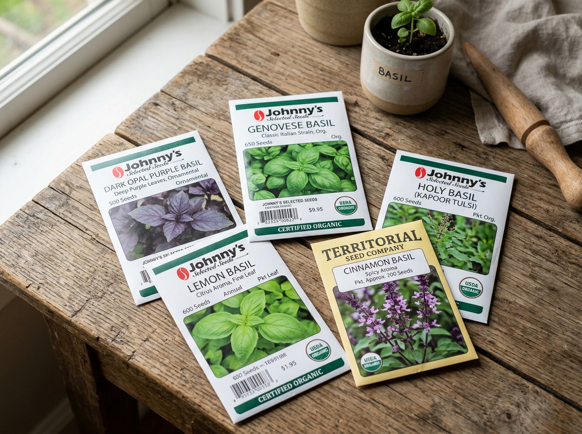 Various basil seed packets including Genovese, Dark Opal, and Lemon varieties - basil microgreens indoors seeds Various basil seed packets including Genovese, Dark Opal, and Lemon varieties - basil microgreens indoors seeds