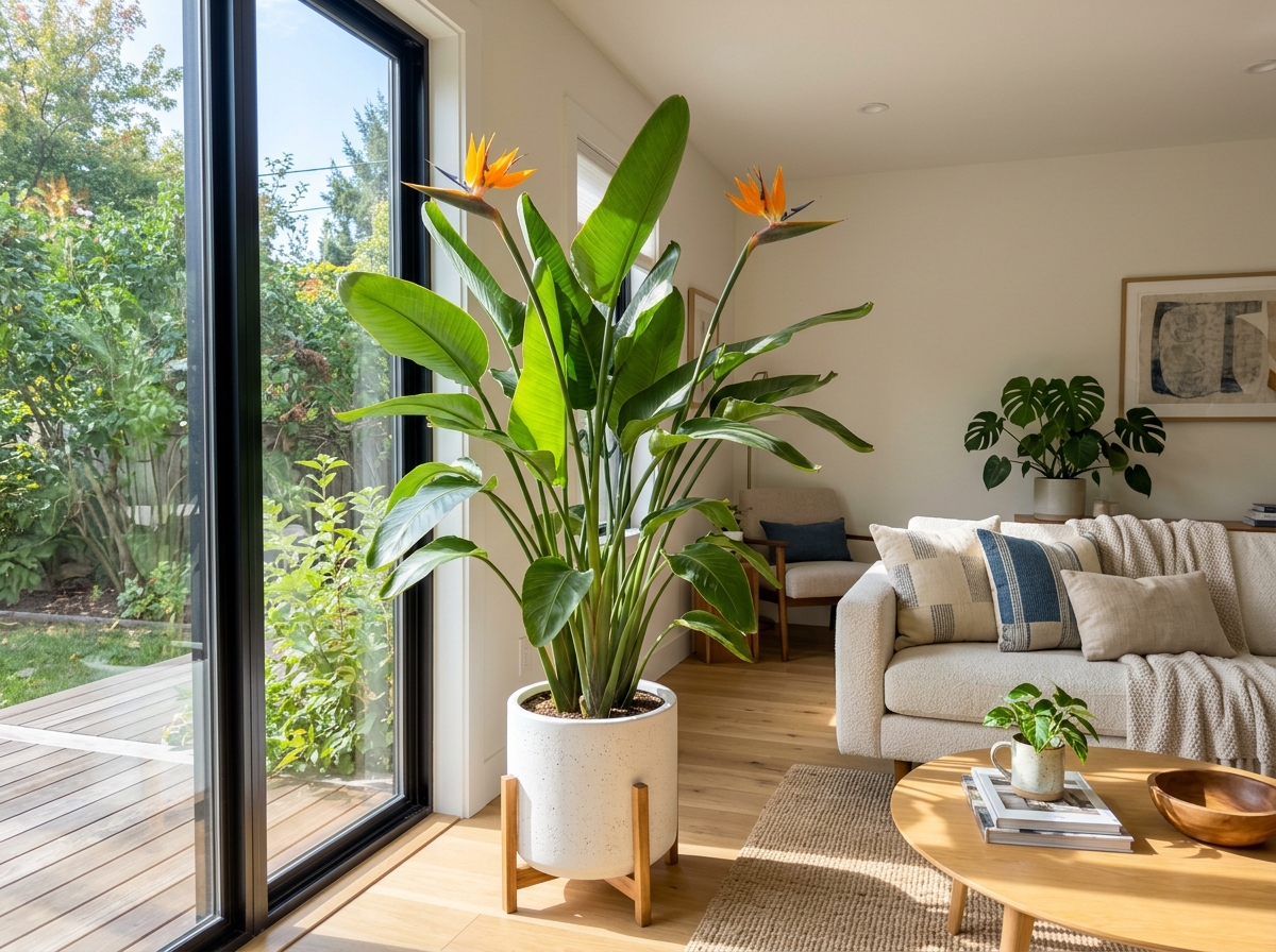 Bird of Paradise in a bright living room near a sunny window - bird of paradise plant indoor Bird of Paradise in a bright living room near a sunny window - bird of paradise plant indoor
