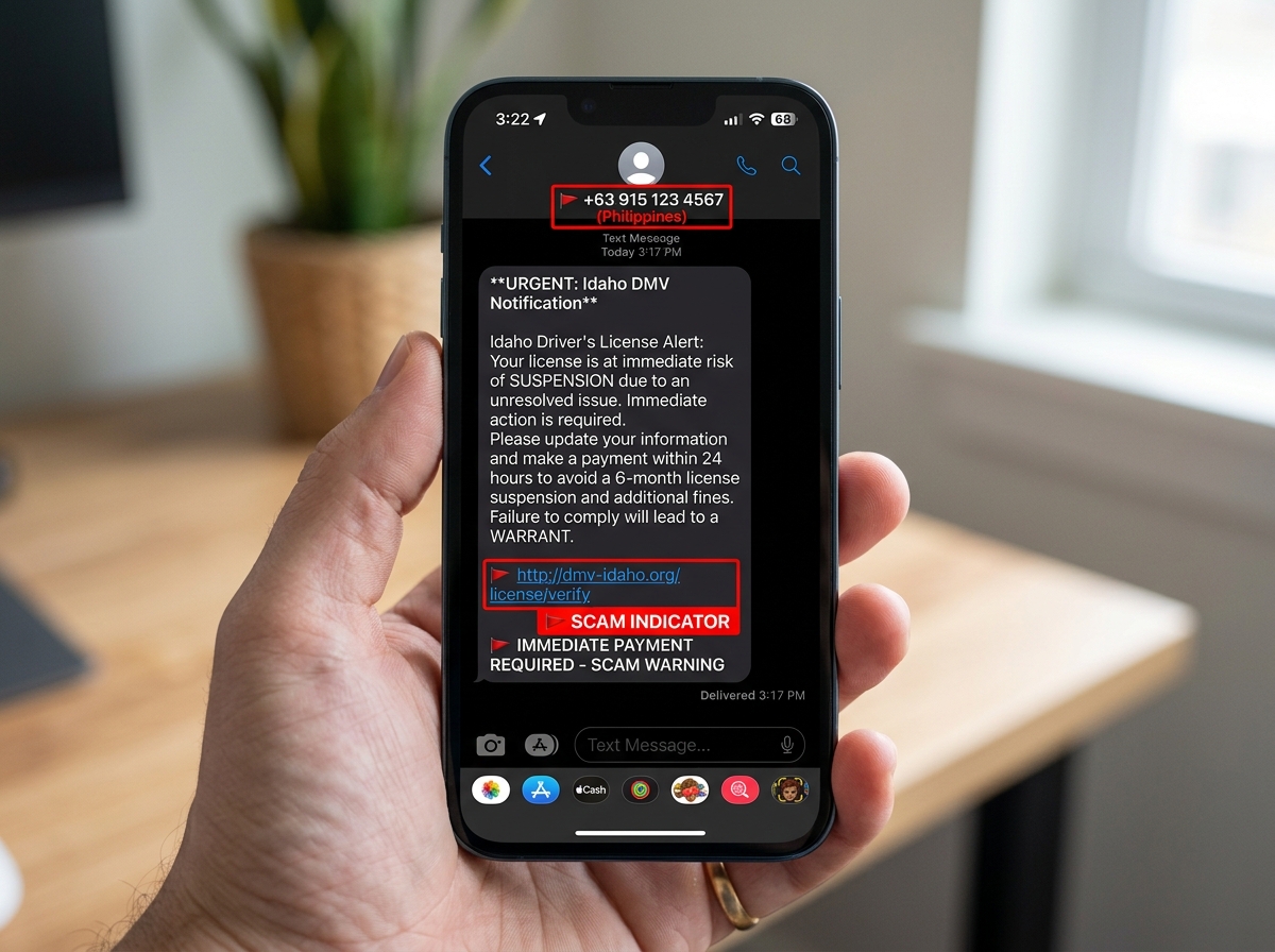 Red flags in an Idaho DMV text message including foreign numbers and fake links - idaho dmv text scam Red flags in an Idaho DMV text message including foreign numbers and fake links - idaho dmv text scam