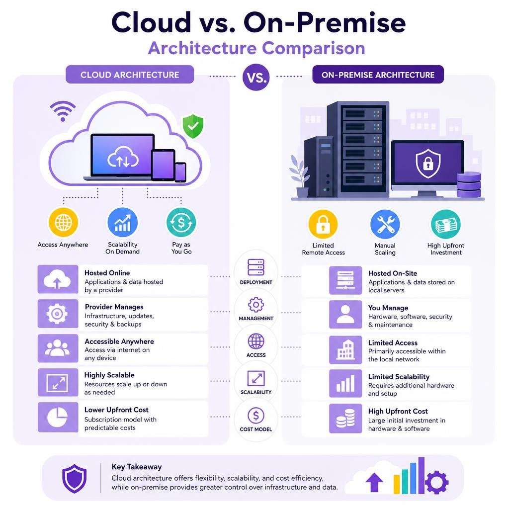 Cloud vs. On-Premise Architecture Comparison infographic