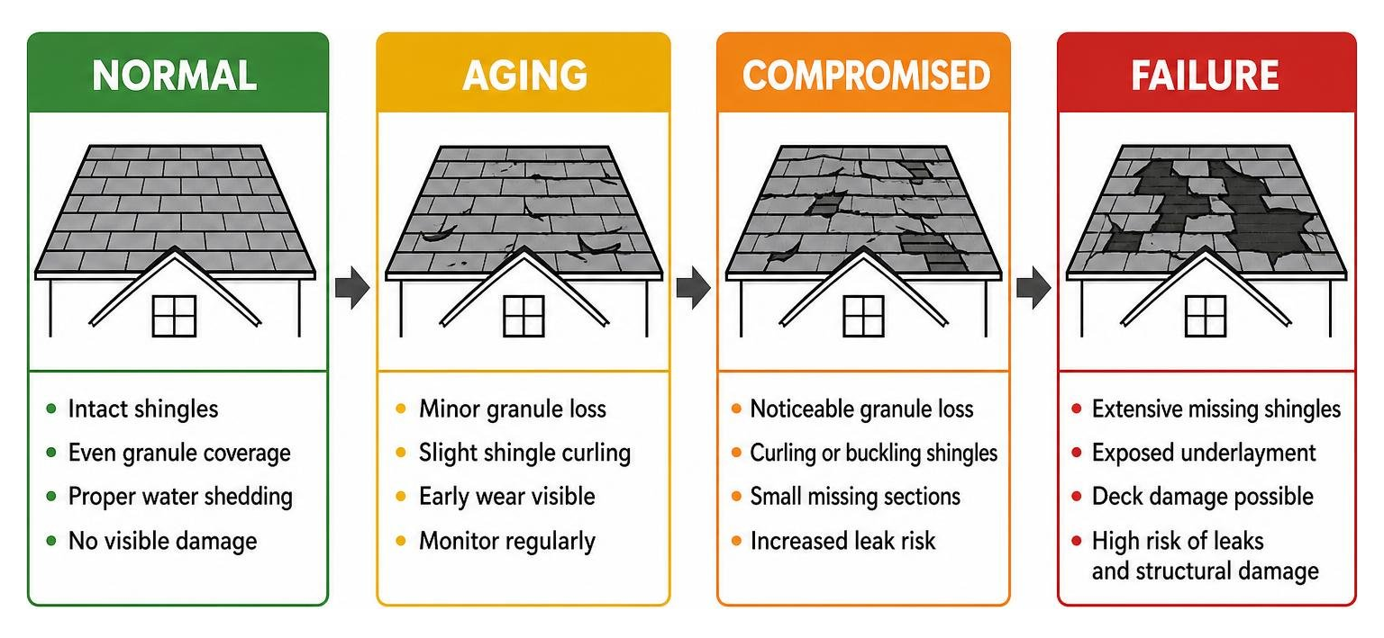 Roof wear progression: normal, aging, compromised, failure