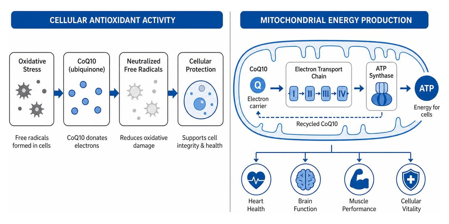 Diagram showing cellular antioxidant activity and mitochondrial energy production