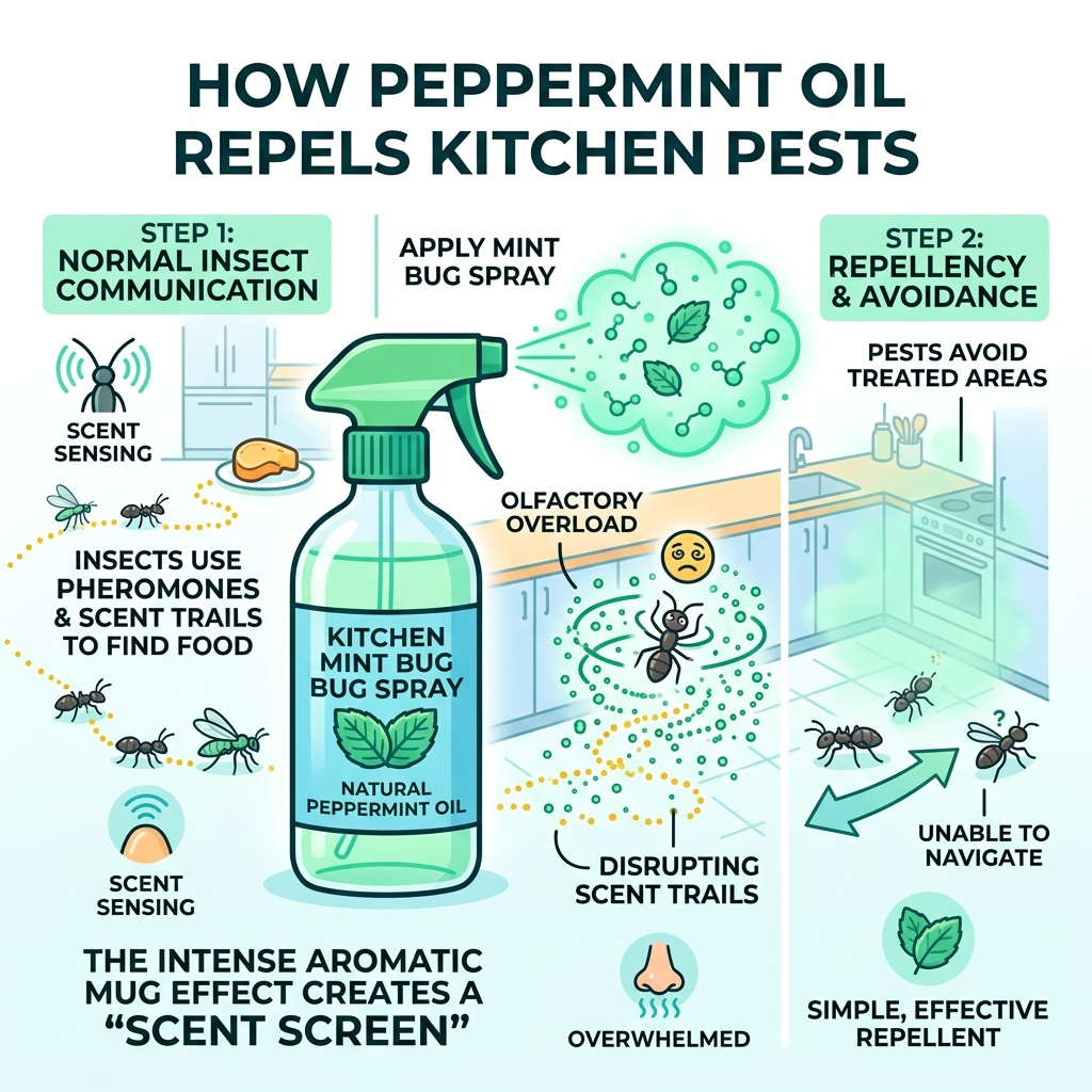 Infographic showing how peppermint oil disrupts insect scent trails to repel kitchen pests - kitchen mint bug spray