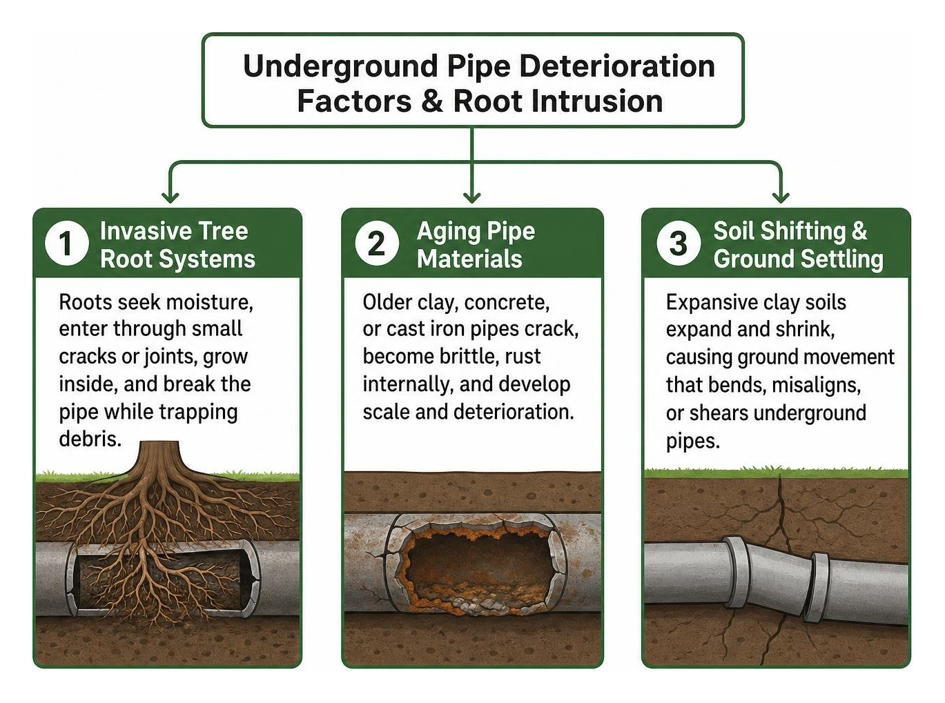 Underground pipe deterioration factors and root intrusion Underground pipe deterioration factors and root intrusion