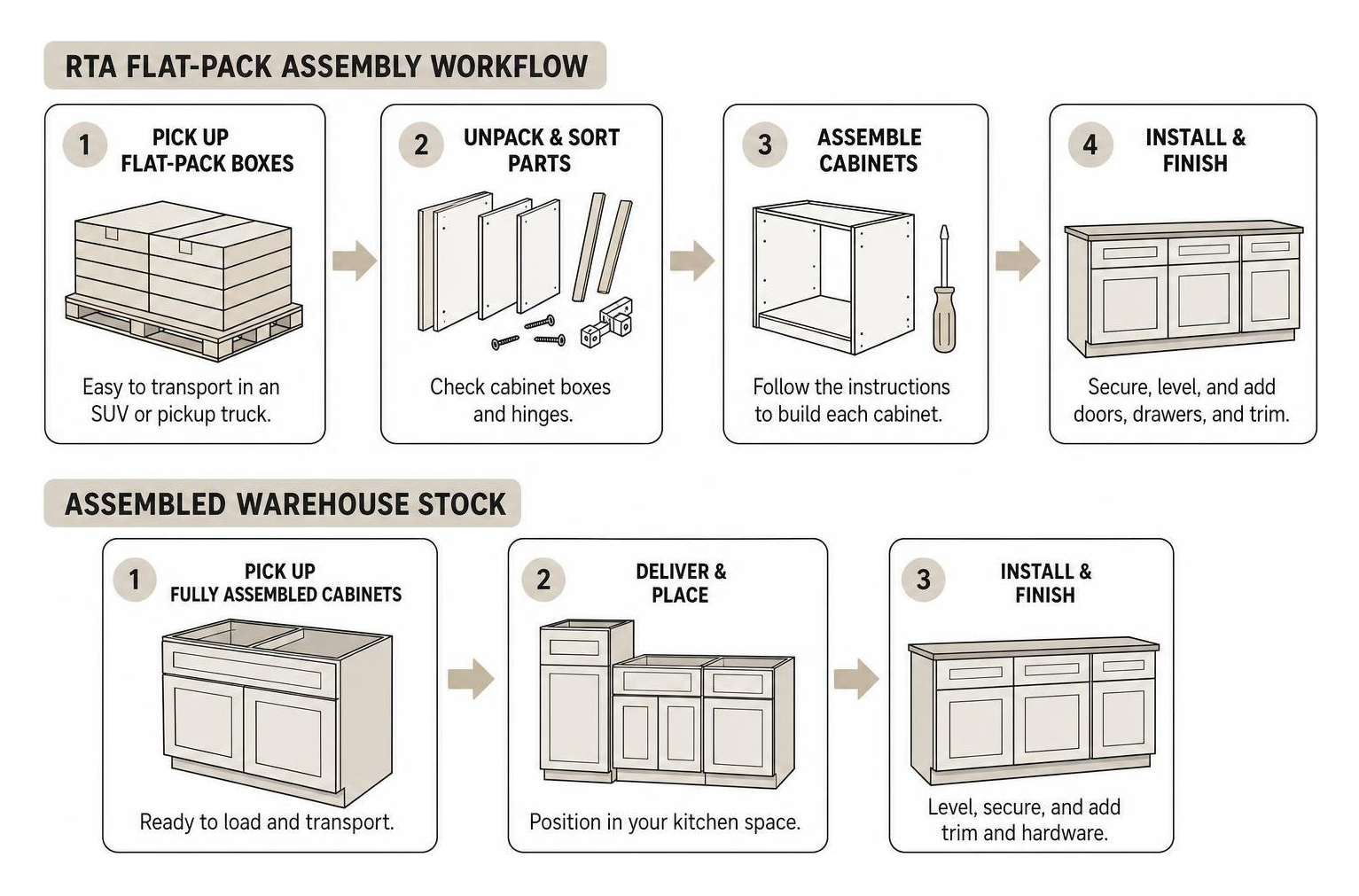 RTA flat-pack assembly workflow versus assembled warehouse stock RTA flat-pack assembly workflow versus assembled warehouse stock