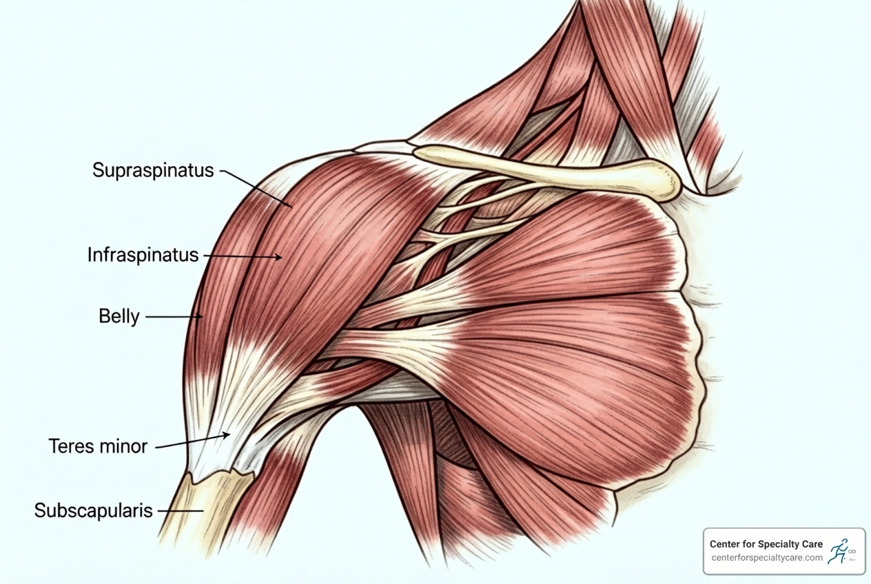 rotator cuff anatomy showing the four muscles and tendons of the shoulder - rotator cuff pain sleeping position