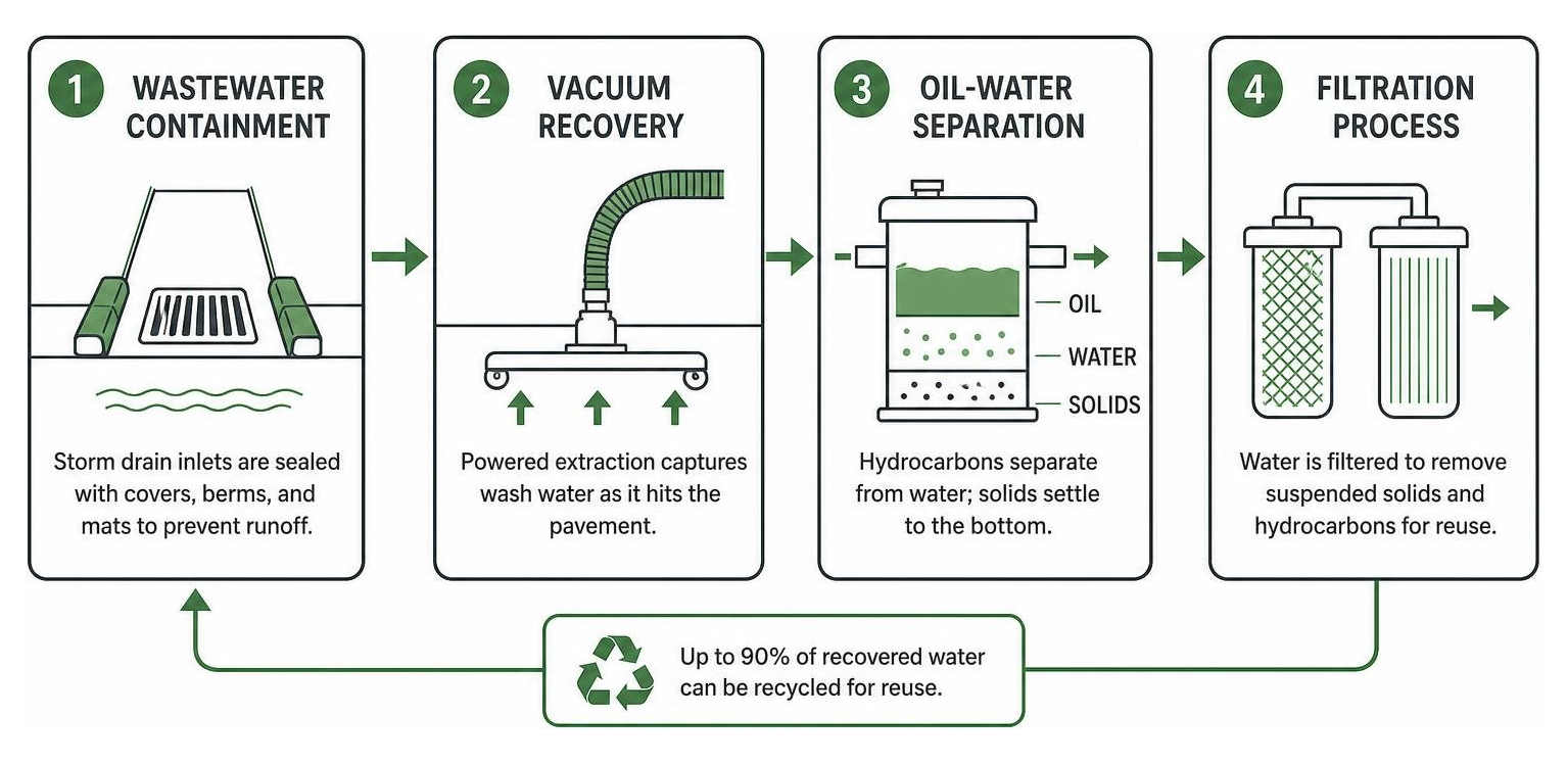 Wastewater containment, vacuum recovery, oil-water separation, and filtration process Wastewater containment, vacuum recovery, oil-water separation, and filtration process