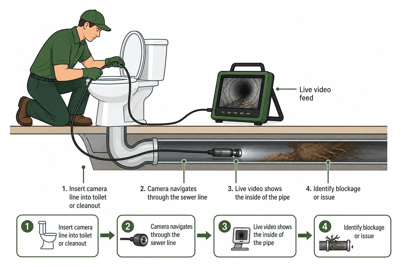 A plumber inserting a camera line into a sewer pipe to inspect a blockage