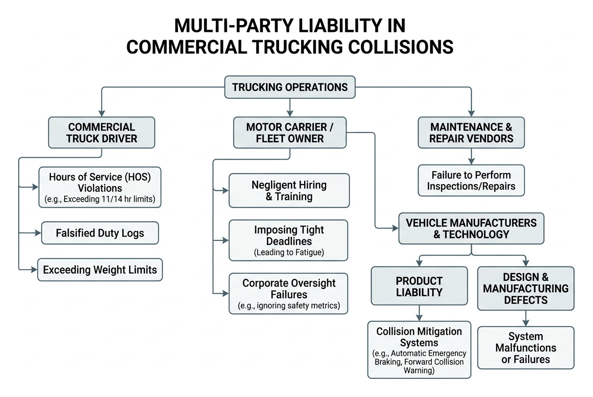 Multi-party liability chain in commercial trucking collisions
