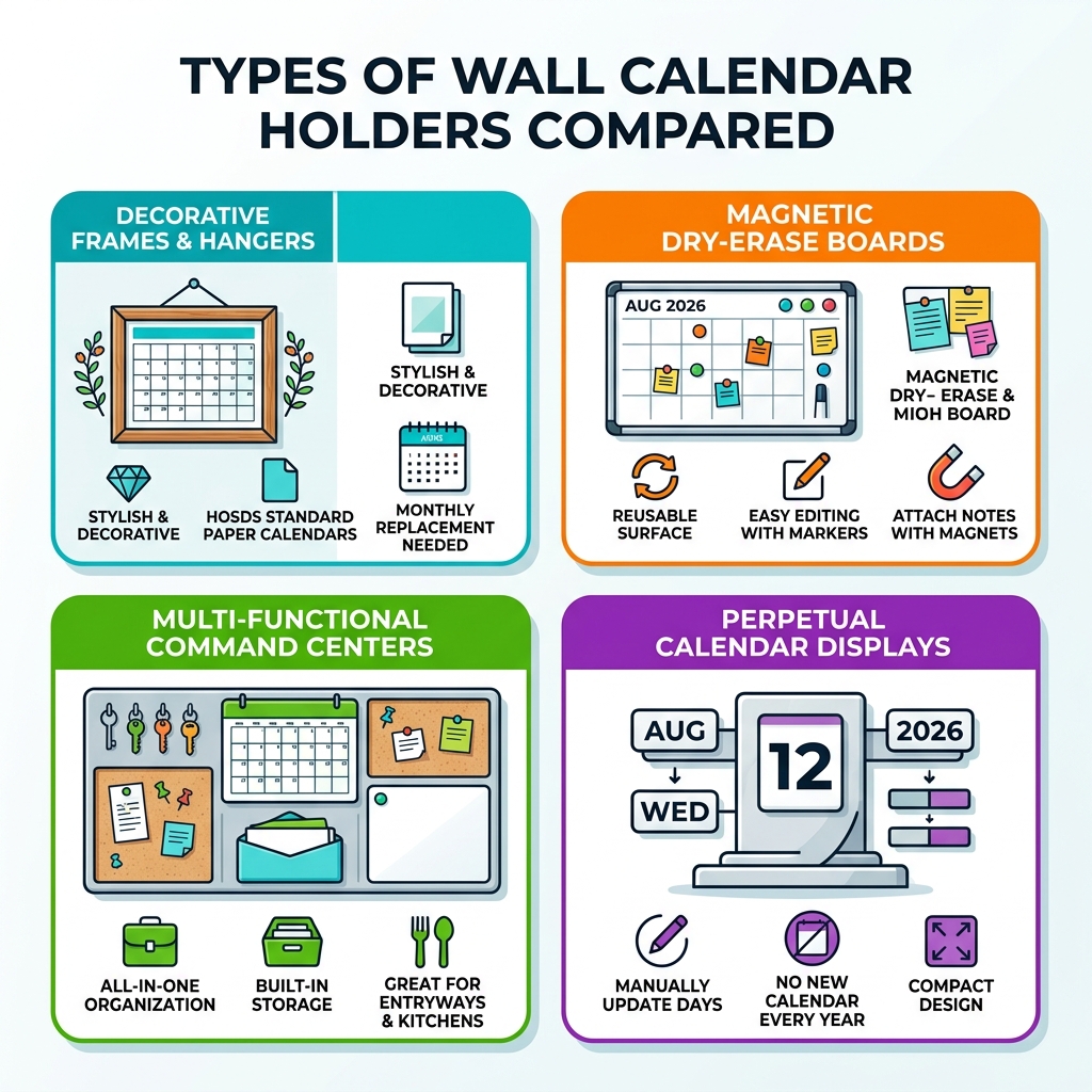 Types of wall calendar holders compared: frames, magnetic boards, command centers, perpetual displays - calendar holders for