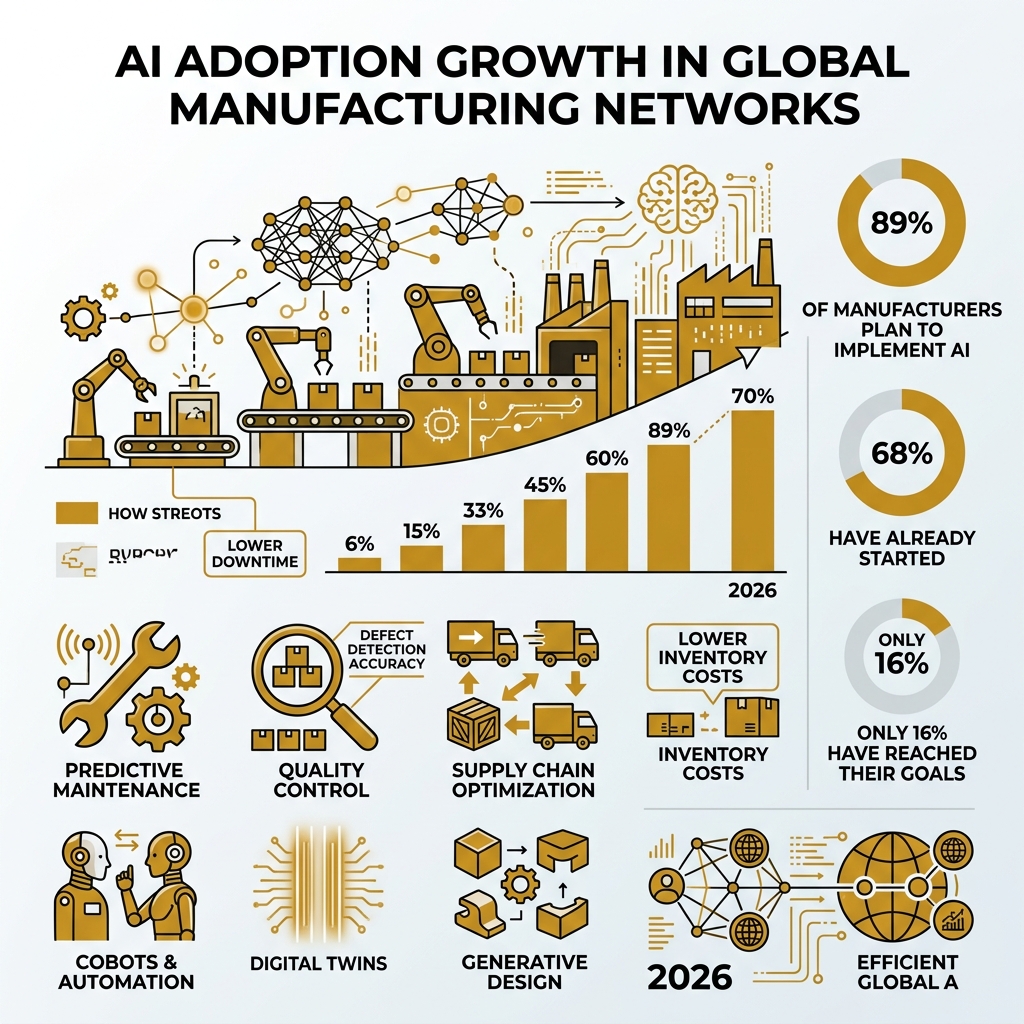 Infographic showing AI adoption growth in global manufacturing networks with key statistics - ai in manufacturing Infographic showing AI adoption growth in global manufacturing networks with key statistics - ai in manufacturing