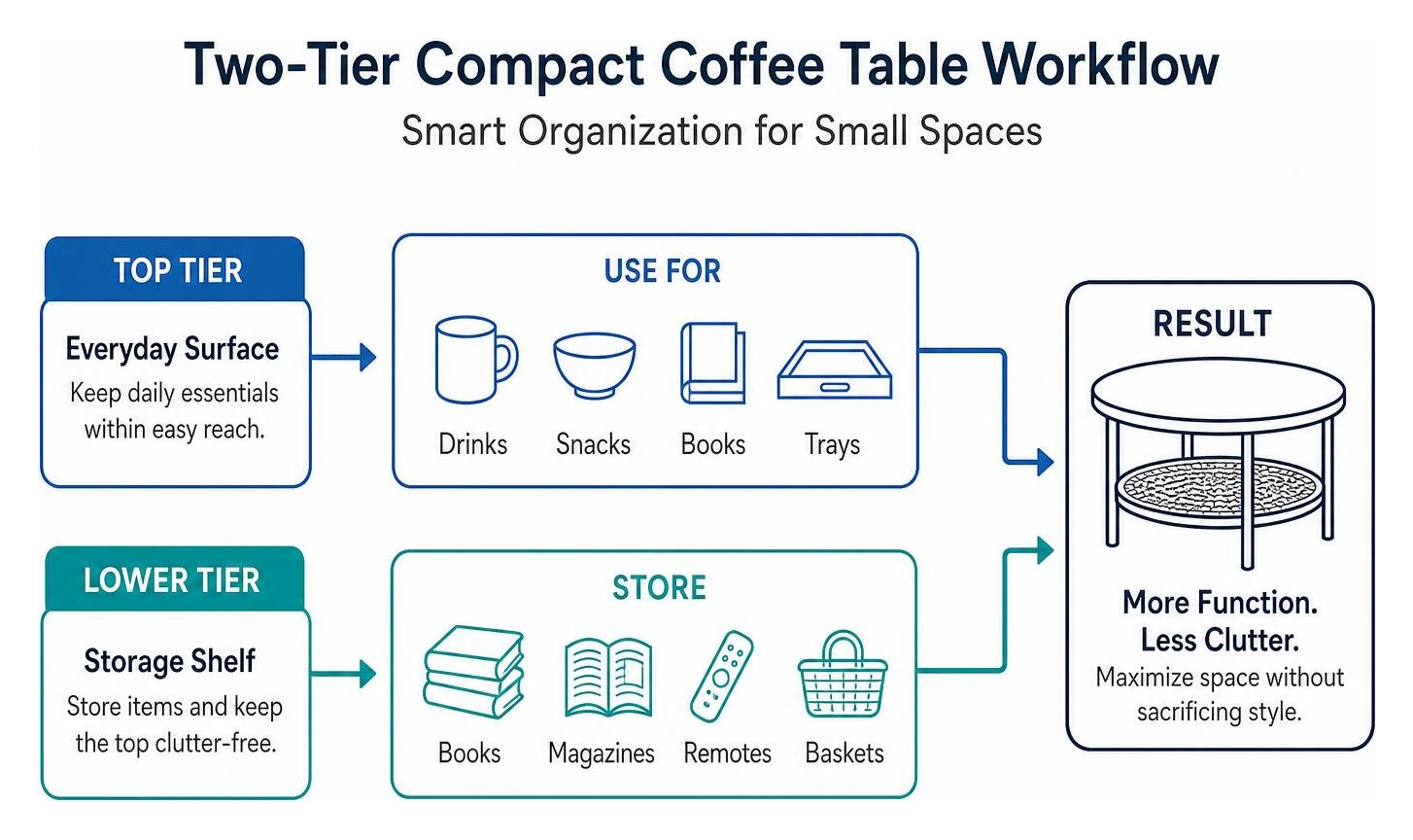 Two-tier compact coffee table workflow for small space organization Two-tier compact coffee table workflow for small space organization