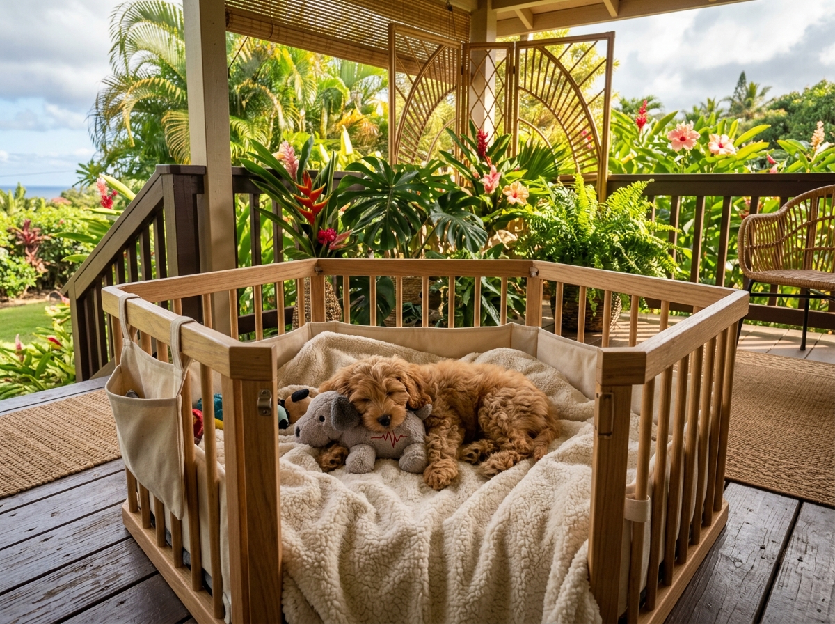 A young puppy snuggling with a heartbeat toy in a premium playpen on a shaded porch - puppy whining in playpen A young puppy snuggling with a heartbeat toy in a premium playpen on a shaded porch - puppy whining in playpen