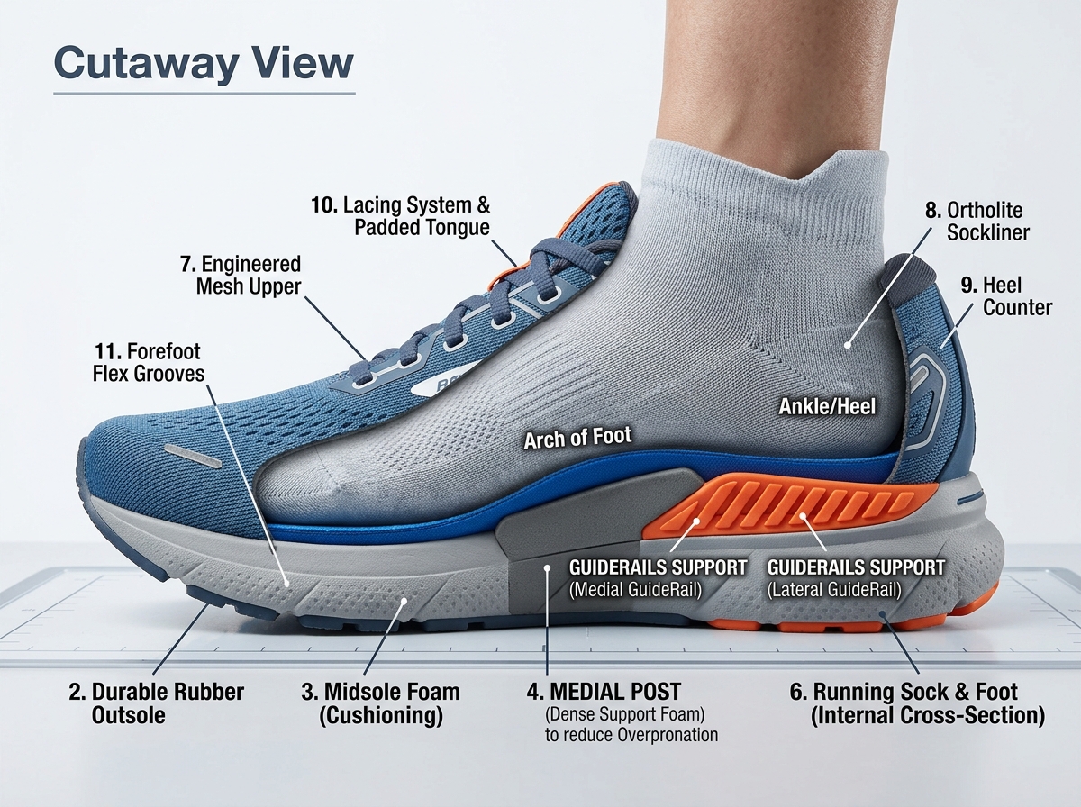 Anatomy of a stability shoe showing GuideRails and medial support - best shoes overpronation