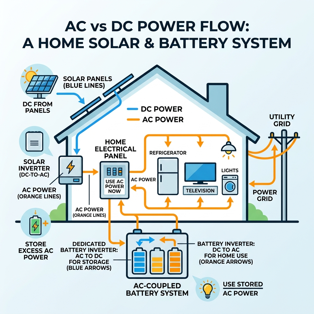 Infographic showing AC vs DC power flow in a home solar and battery system - ac battery storage infographic Infographic showing AC vs DC power flow in a home solar and battery system - ac battery storage infographic