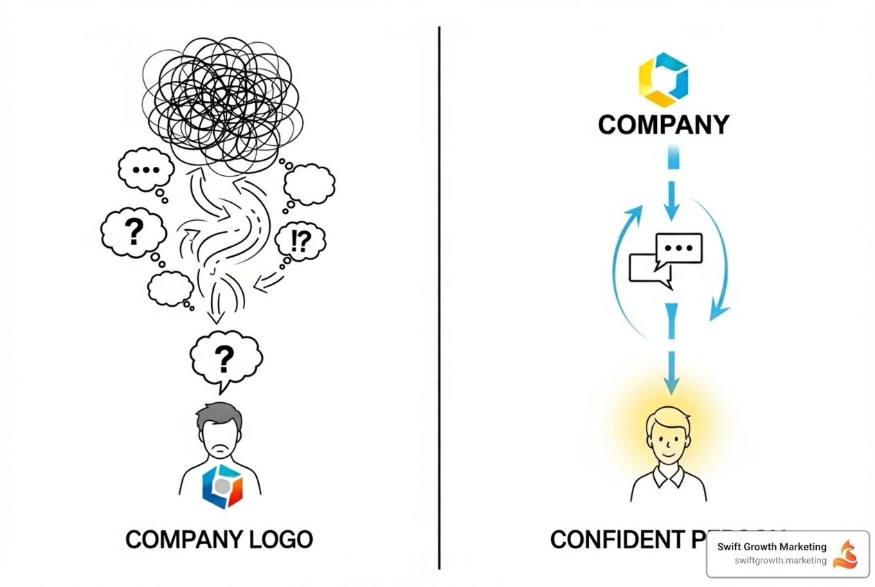 Infographic showing the flow from inconsistent messaging leading to brand confusion and lost revenue, versus consistent messaging framework leading to clear brand identity and 33% revenue increase, with key components including target audience research, value proposition definition, brand voice guidelines, and proof points validation - messaging strategy template