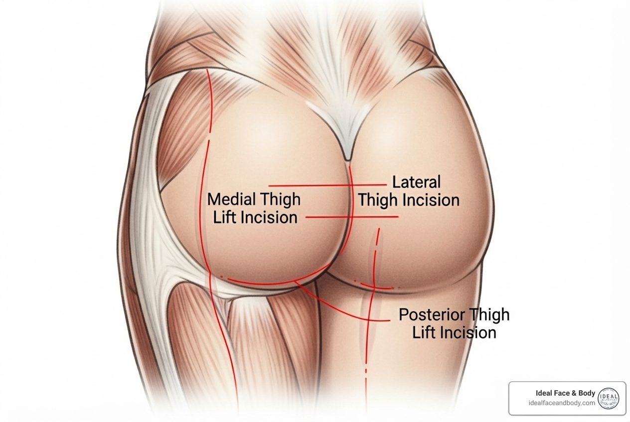 Illustration of incision locations for different thigh lift types: medial (inner), lateral (outer), and posterior (buttock crease) - Beverly Hills thigh lift Illustration of incision locations for different thigh lift types: medial (inner), lateral (outer), and posterior (buttock crease) - Beverly Hills thigh lift