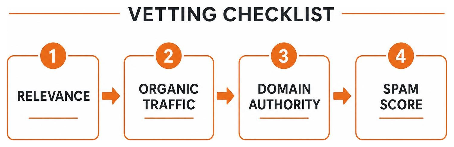Vetting checklist: relevance, organic traffic, domain authority, spam score Vetting checklist: relevance, organic traffic, domain authority, spam score