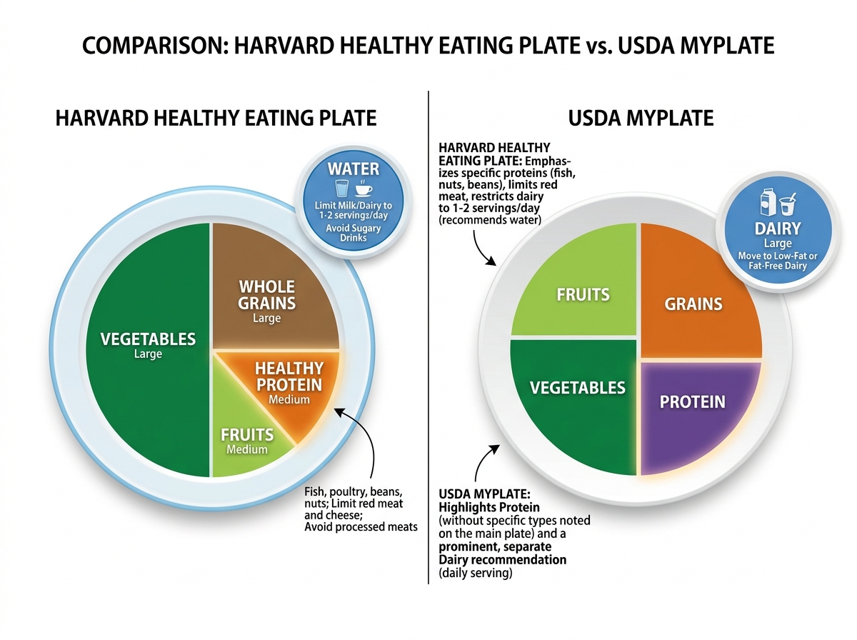 Comparison of the Harvard Healthy Eating Plate vs. USDA MyPlate showing differences in dairy and protein recommendations Comparison of the Harvard Healthy Eating Plate vs. USDA MyPlate showing differences in dairy and protein recommendations