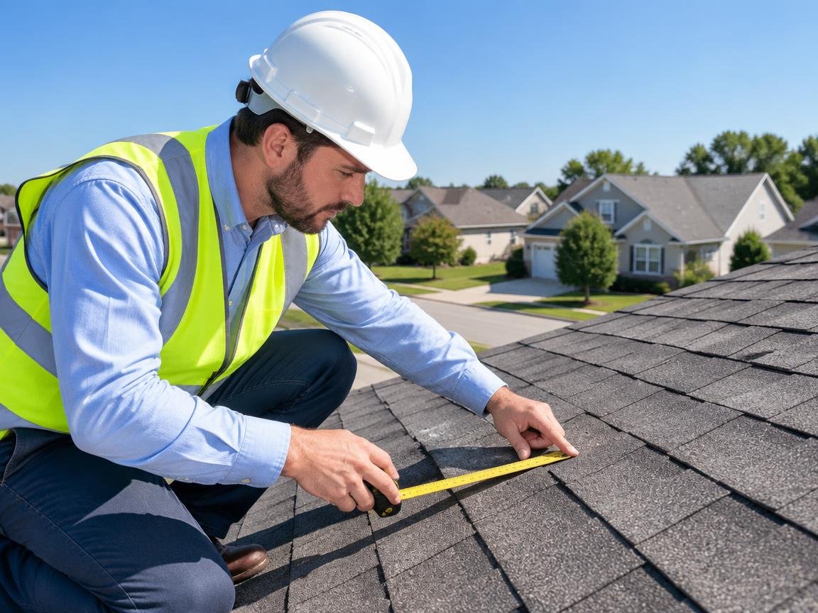 adjuster inspecting roof hail damage with measuring tools