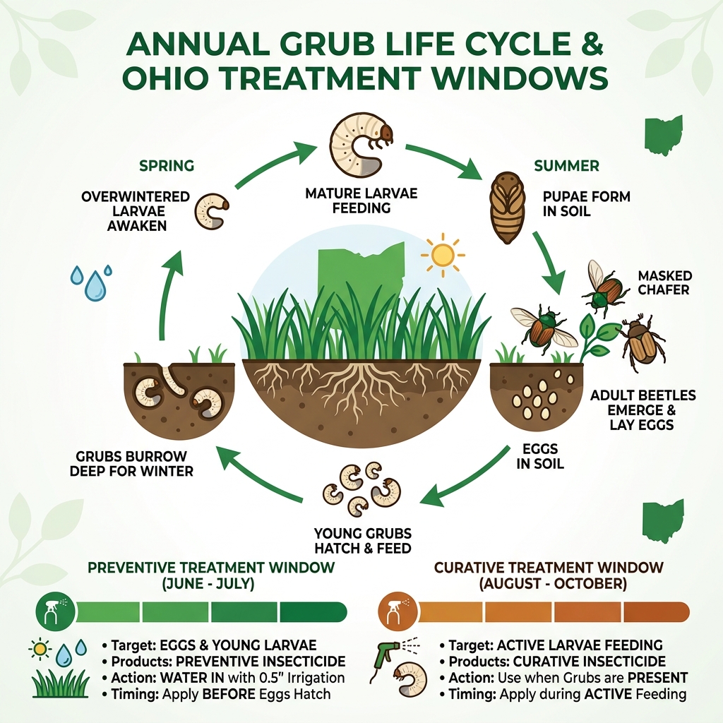 Annual grub life cycle from egg to beetle with treatment timing windows for Ohio lawns: best way to kill grubs in lawn